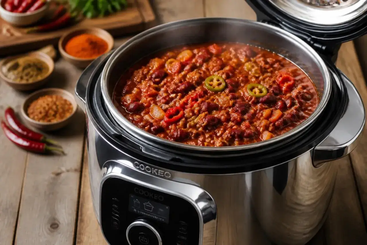 Un d&eacute;licieux chili con carne mijote dans le Cookeo, pr&ecirc;t &agrave; r&eacute;galer.