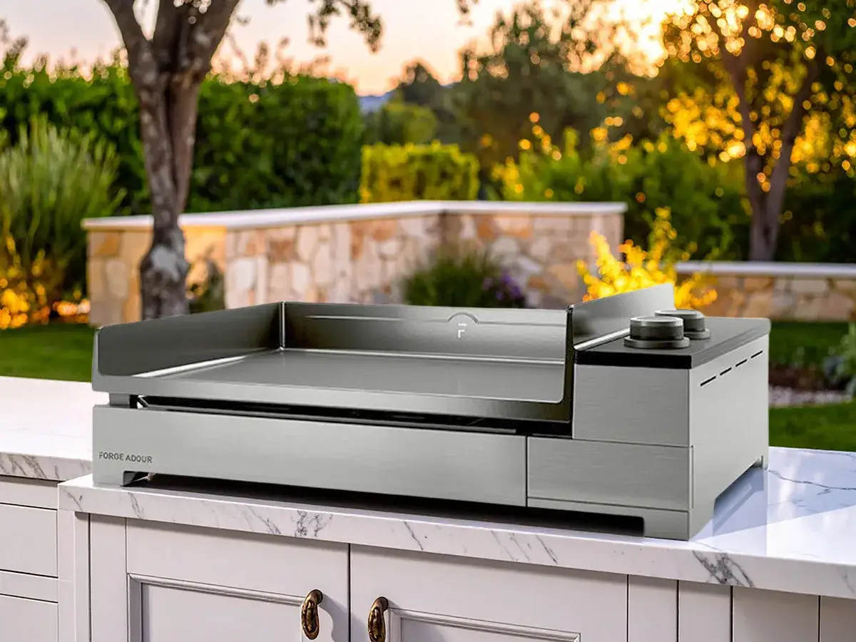 Plancha Forge Adour en inox, prête pour son premier culottage. Un appareil élégant pour des moments conviviaux en extérieur.