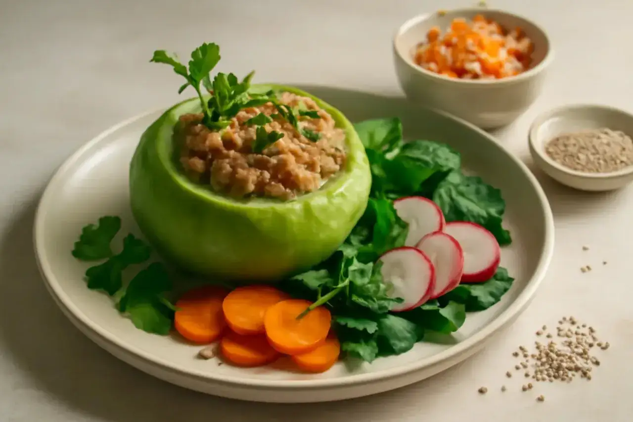 Un chou-rave creusé sert de récipient pour une garniture savoureuse, accompagné de radis, de carottes et de verdure.