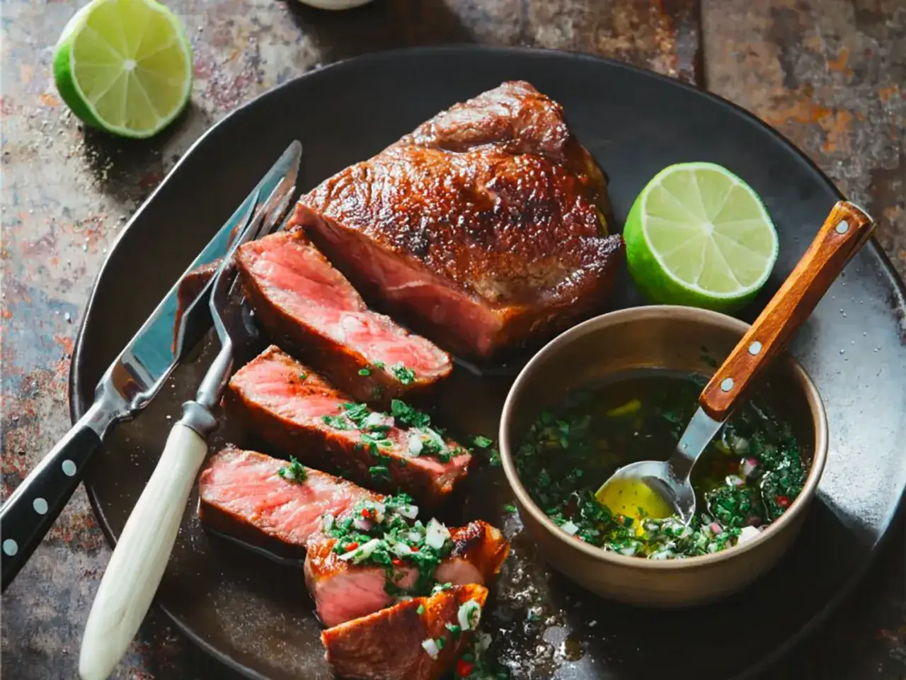 Un steak juteux tranché, garni d'une sauce pour viande froide aux herbes fraîches et au piment, accompagné de quartiers de citron vert.