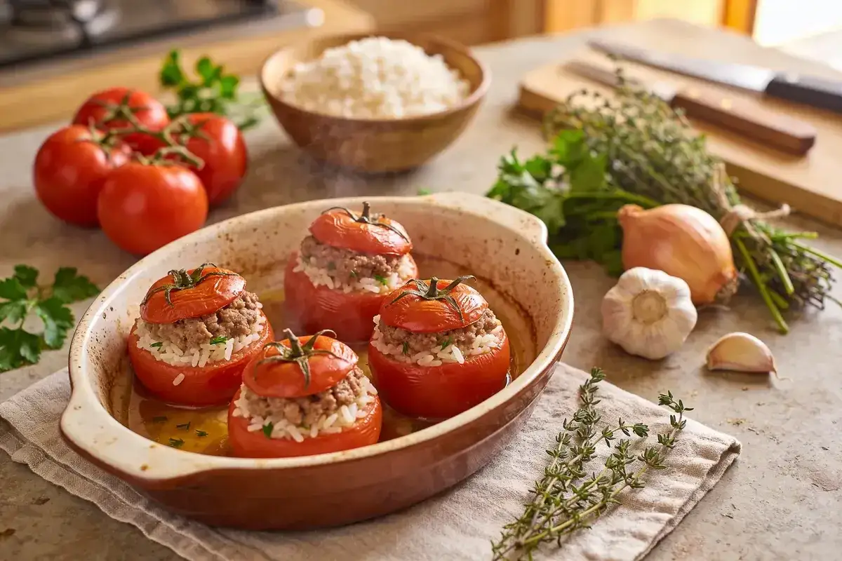 Tomates farcies au riz et à la viande, tout juste sorties du four. Un plat savoureux et réconfortant.