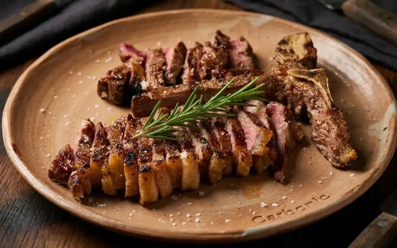 Un délicieux t bone boeuf, parfaitement grillé et tranché, garni de romarin frais. Un vrai régal pour les amateurs de viande.