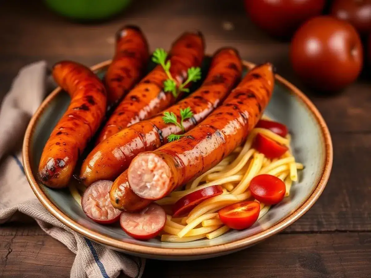 Assiette de merguez au four, dorées et juteuses, servies sur des pâtes avec des tomates cerises et des herbes fraîches. Un délice simple et savoureux.