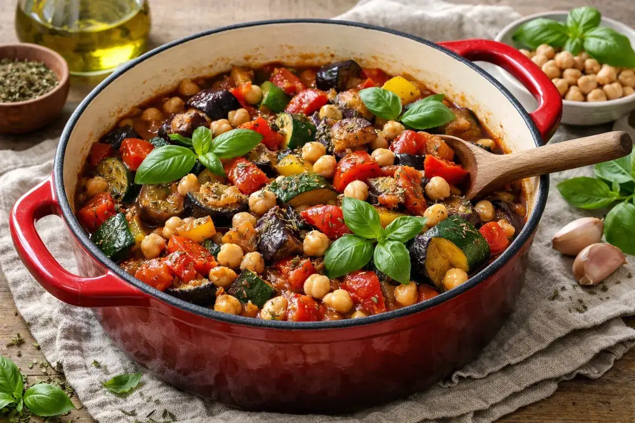 Un plat de recette ratatouille provençale mijoté dans une cocotte rouge, garni de pois chiches, courgettes, aubergines et tomates, décoré de basilic frais.