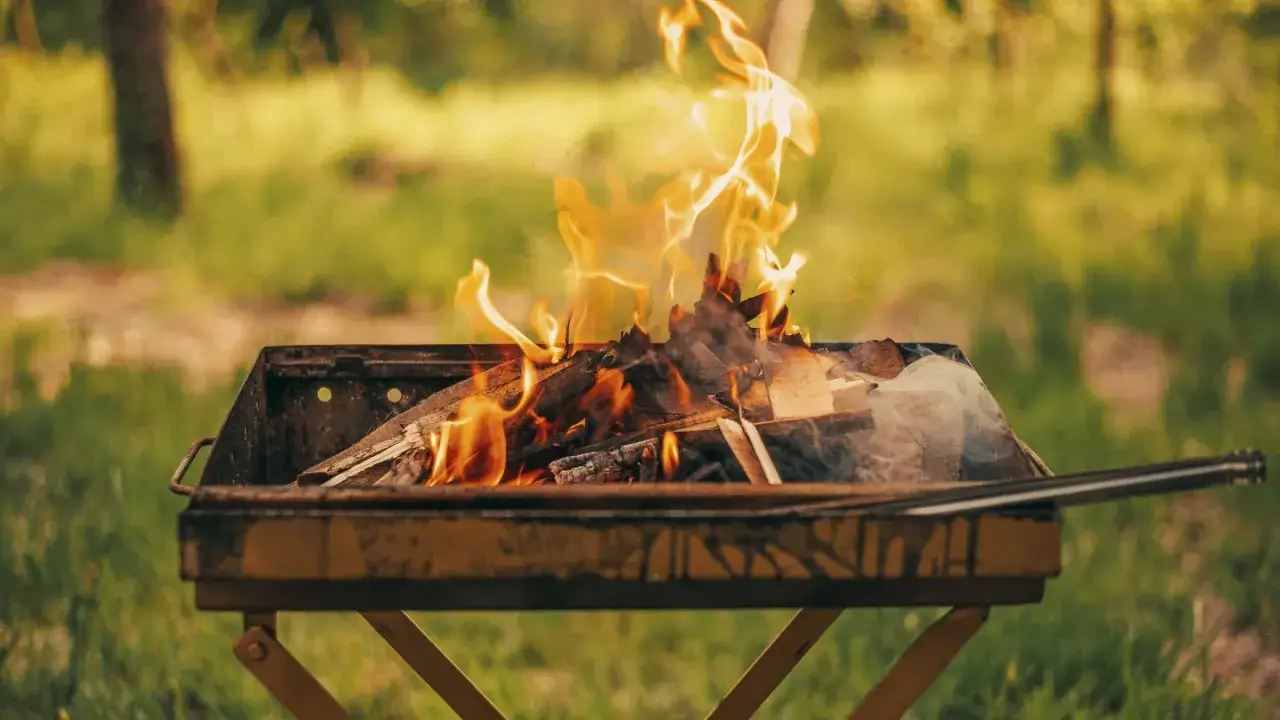 Un barbecue en plein air, avec des flammes vives dansant sur du bois. Le choix du quel bois pour barbecue est essentiel pour une cuisson parfaite.