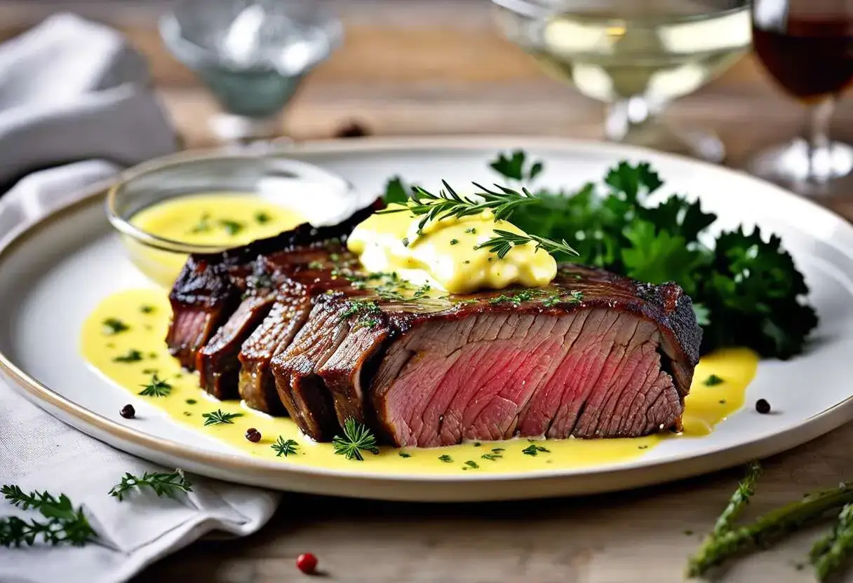 Un steak de bœuf juteux, tranché et nappé d'une sauce onctueuse. Une touche de romarin complète cette sauce pour côte de bœuf parfaite.