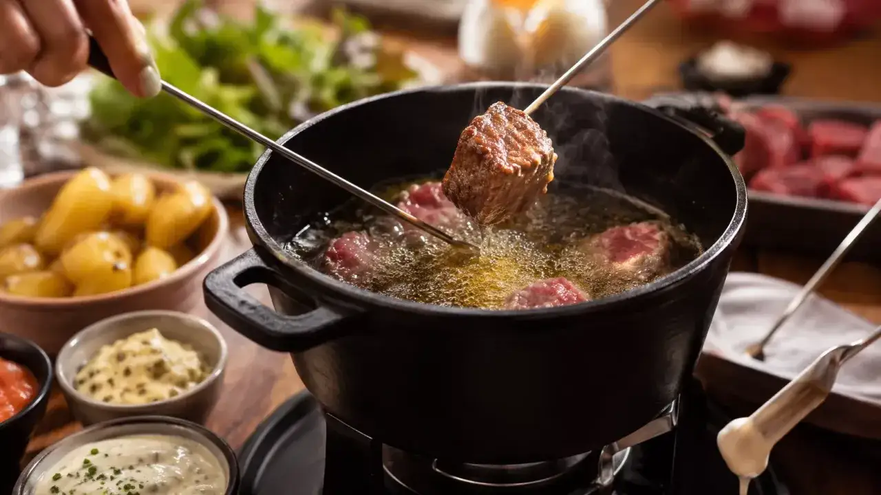 Un morceau de b&oelig;uf est plong&eacute; dans l'huile bouillante, rappelant l'origine de la fondue bourguignonne. Accompagn&eacute;e de pommes de terre et de sauces.