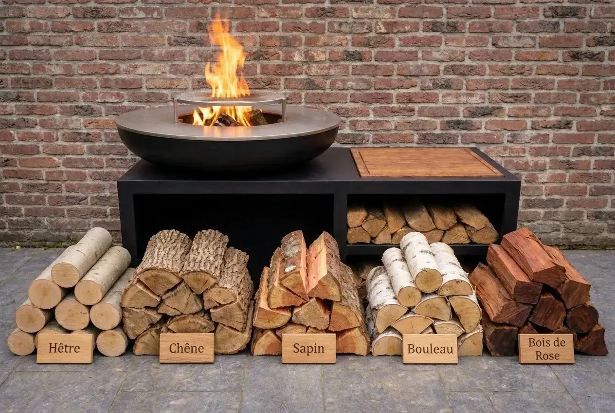 Bûches de bois pour brasero sans fumée : hêtre, chêne, sapin, bouleau et bois de rose, soigneusement rangées devant un brasero allumé.