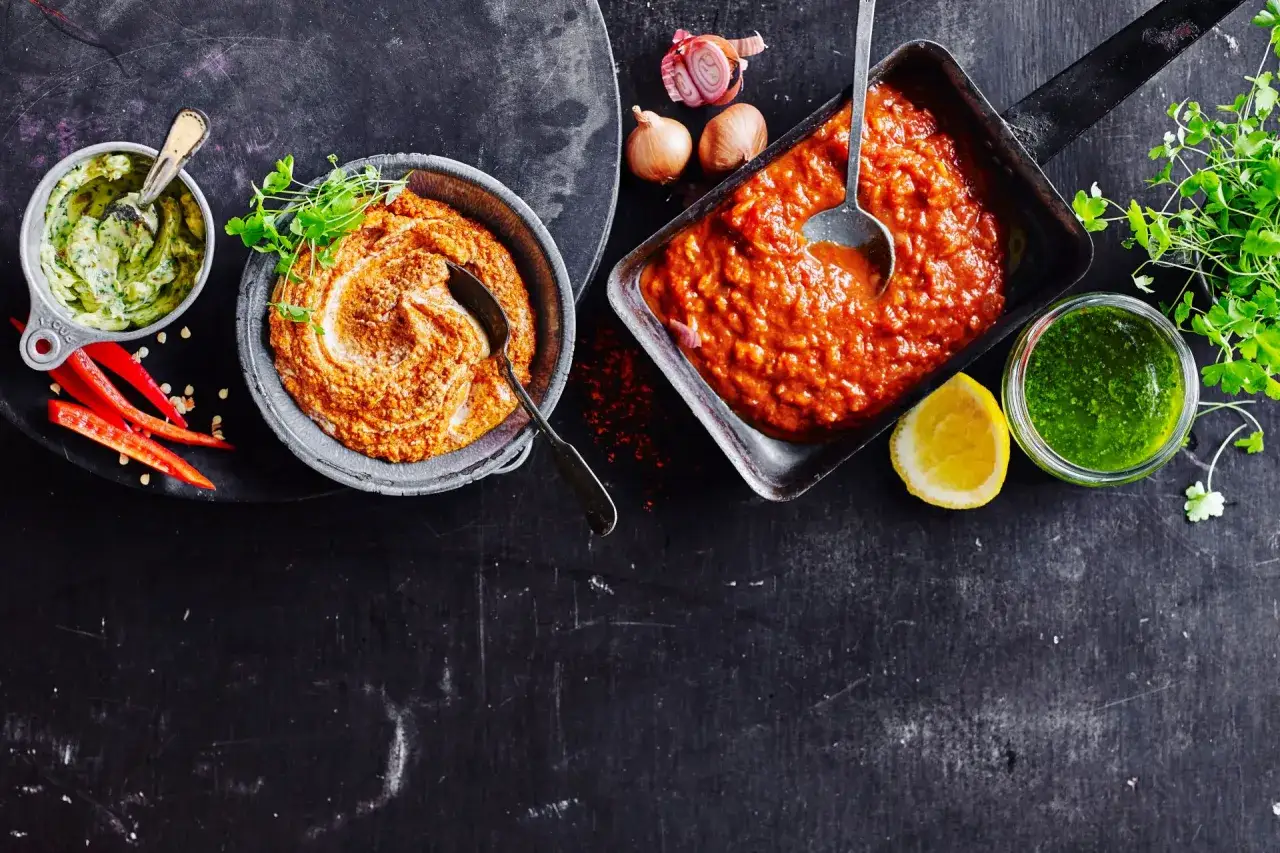 Assortiment de sauces, dont une rouge &eacute;pic&eacute;e et une verte aux herbes, accompagn&eacute;es de piments et d'un citron. Ces sauces font partie des 10 sauces les plus utilis&eacute;es.