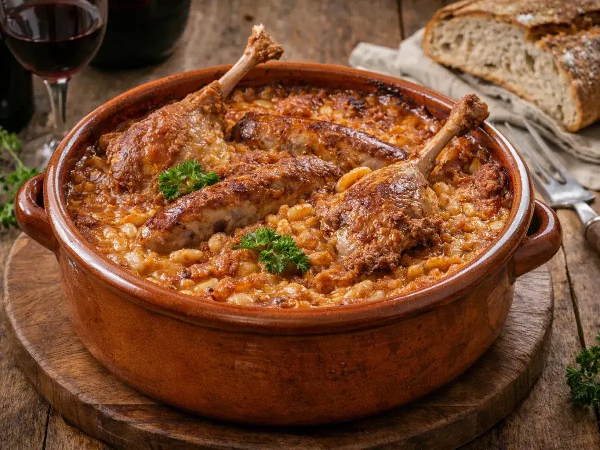 Un plat de cassoulet maison, riche et savoureux, avec des confits de canard, des saucisses et des haricots blancs, garni de persil frais.
