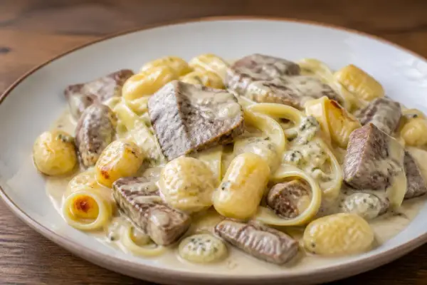 Gnocchis et pâtes fraîches nappés d'une sauce épaisse à la viande et aux herbes. Un plat réconfortant.