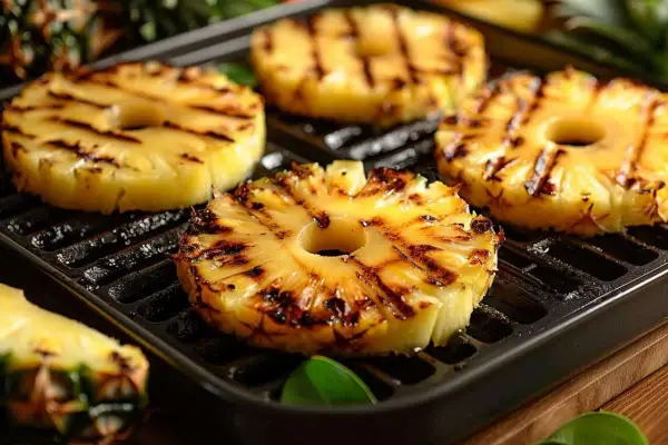 Tranches d'ananas caramélisées sur une plancha, leurs marques de grill ajoutent une touche gourmande. Un délice fruité et chaud.
