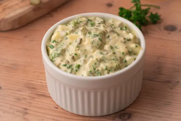 Sauce pour viande froide crémeuse avec des morceaux d'œufs durs et des herbes fraîches, servie dans un ramequin blanc sur une table en bois.