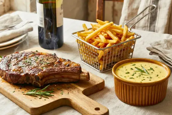 Un steak-côte de bœuf fumant, des frites croustillantes et une sauce béarnaise avec quoi ? Un délice !