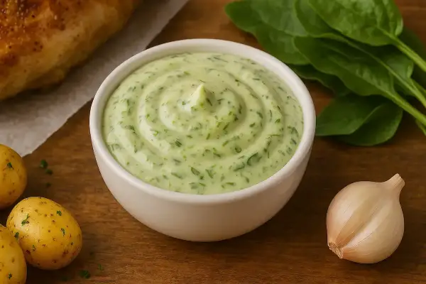 Sauce à l'oseille crémeuse, parsemée d'herbes fraîches, prête à accompagner un plat savoureux.