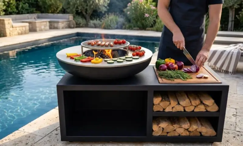 Un homme prépare des légumes pour le barbecue, près d'une piscine. Le culottage de la plancha inox est prêt pour la cuisson.